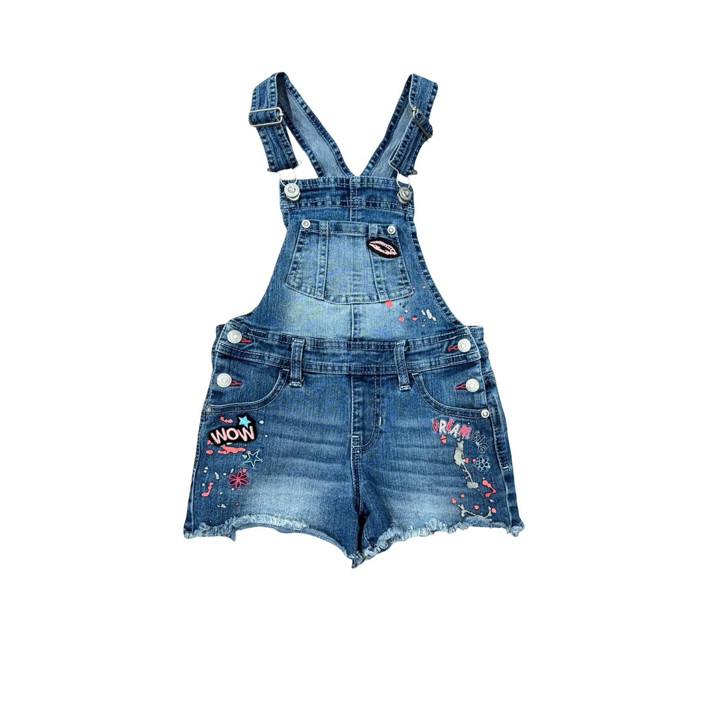 Jordache Girls Denim Shortalls Medium Wash Embroidered Patches Size S 6-6X